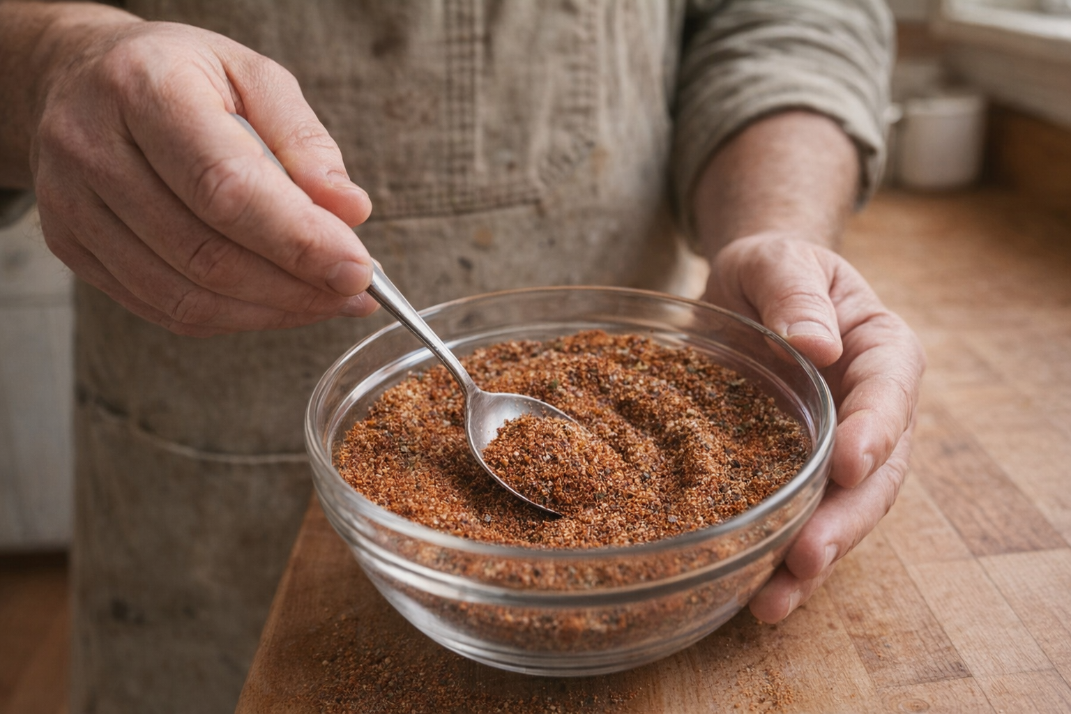 A close-up shot of someone using a spoon to mix all the spices together in a glass bowl, creating Cajun seasoning, warm kitchen lighting